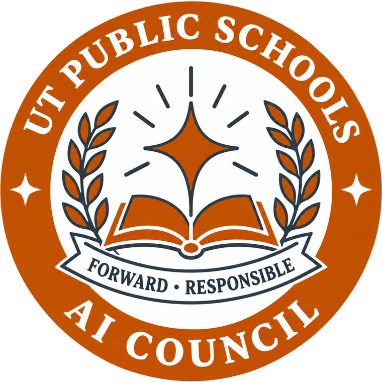 UT Public Schools AI Council emblem: an open book beneath a guiding star, framed by laurels, with the words Forward and Responsible