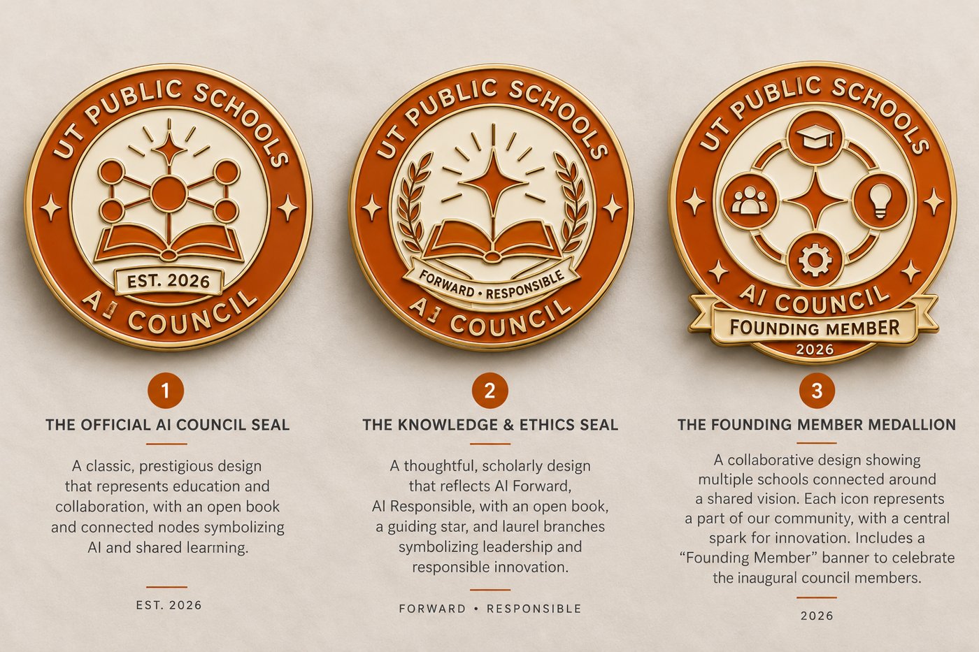 Three enamel pin concepts: 1, the Official AI Council Seal with an open book and connected nodes; 2, the Knowledge and Ethics Seal with a guiding star, laurels, and a Forward, Responsible banner; 3, the Founding Member Medallion with four community icons around a central star and a Founding Member 2026 banner.